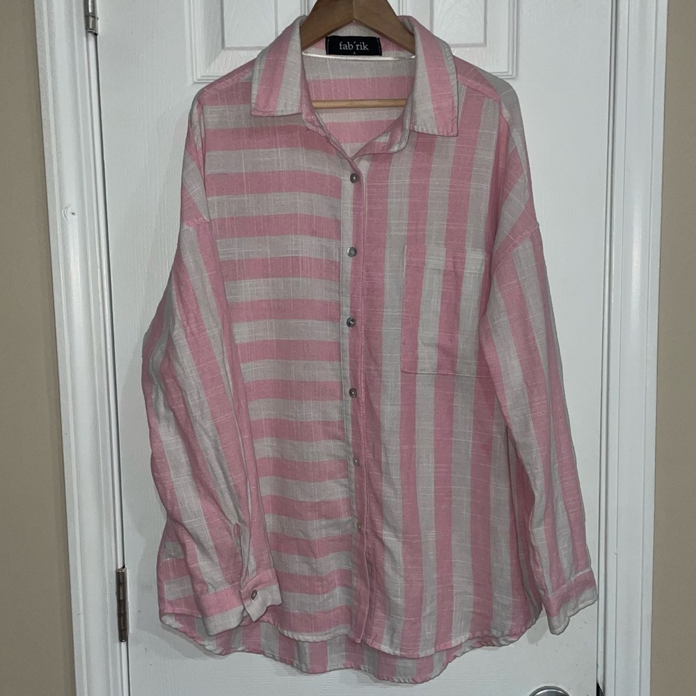Fab’rik Pink And White Striped Oversized‎ Button Up Top